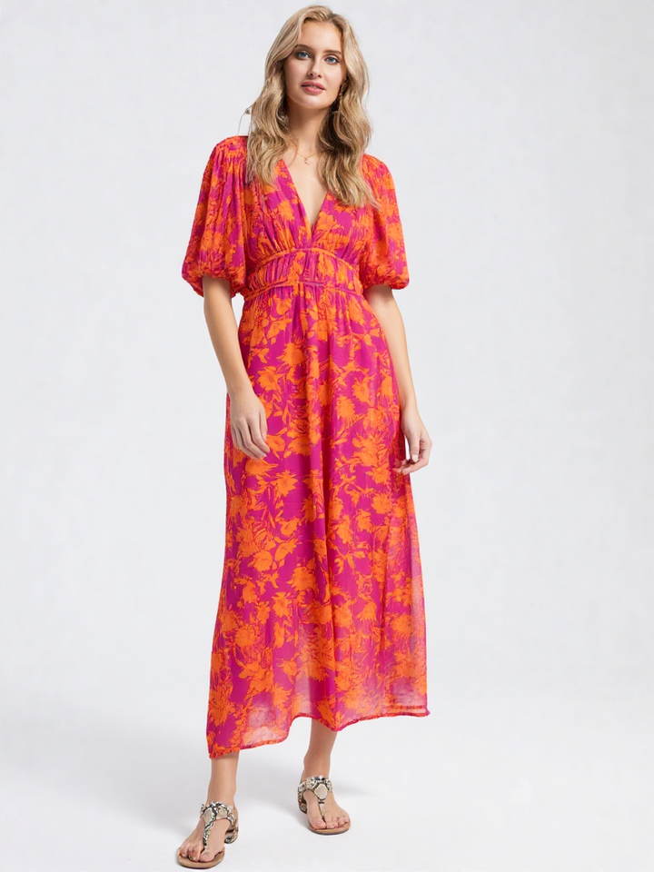 Celestine | Damen Hochbund Puffärmel V-Ausschnitt A-Linie Maxi Kleid