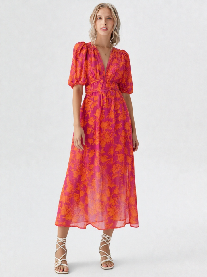 Celestine | Damen Hochbund Puffärmel V-Ausschnitt A-Linie Maxi Kleid