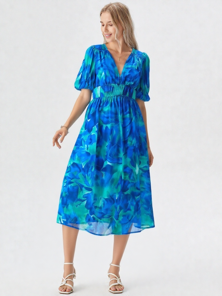 Léonie | Damen Hochbund Puffärmel V-Ausschnitt A-Linie Midi Kleid