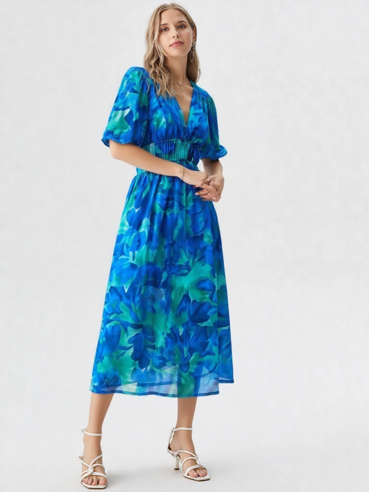 Léonie | Damen Hochbund Puffärmel V-Ausschnitt A-Linie Midi Kleid