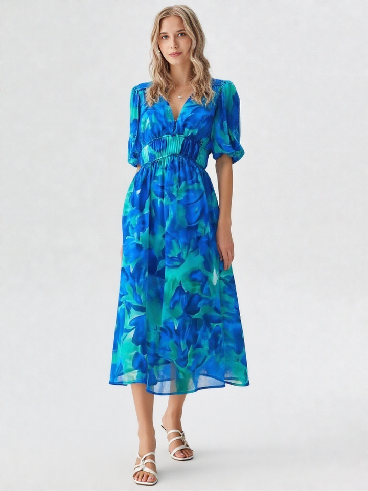 Léonie | Damen Hochbund Puffärmel V-Ausschnitt A-Linie Midi Kleid