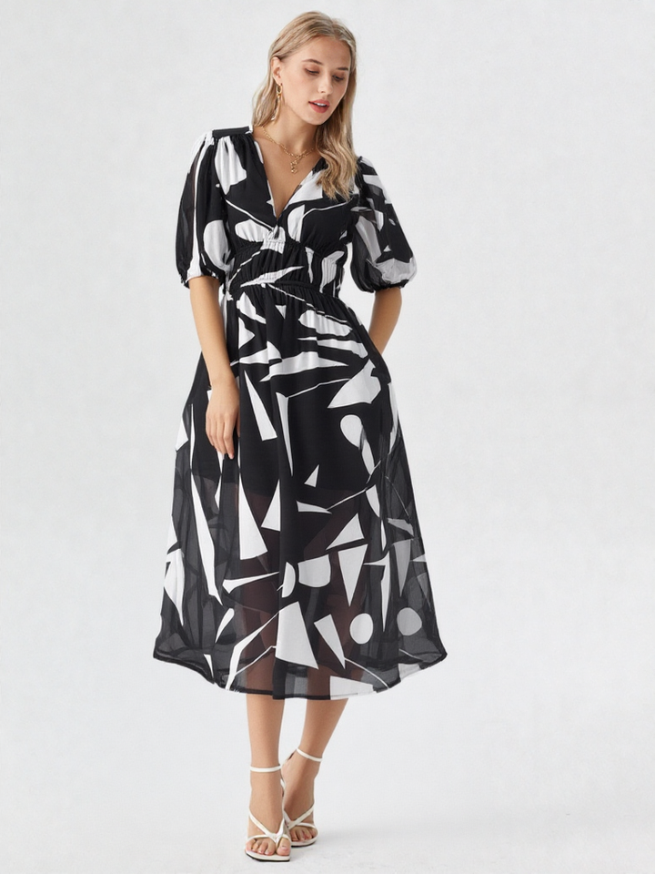 Léonie | Damen Hochbund Puffärmel V-Ausschnitt A-Linie Midi Kleid