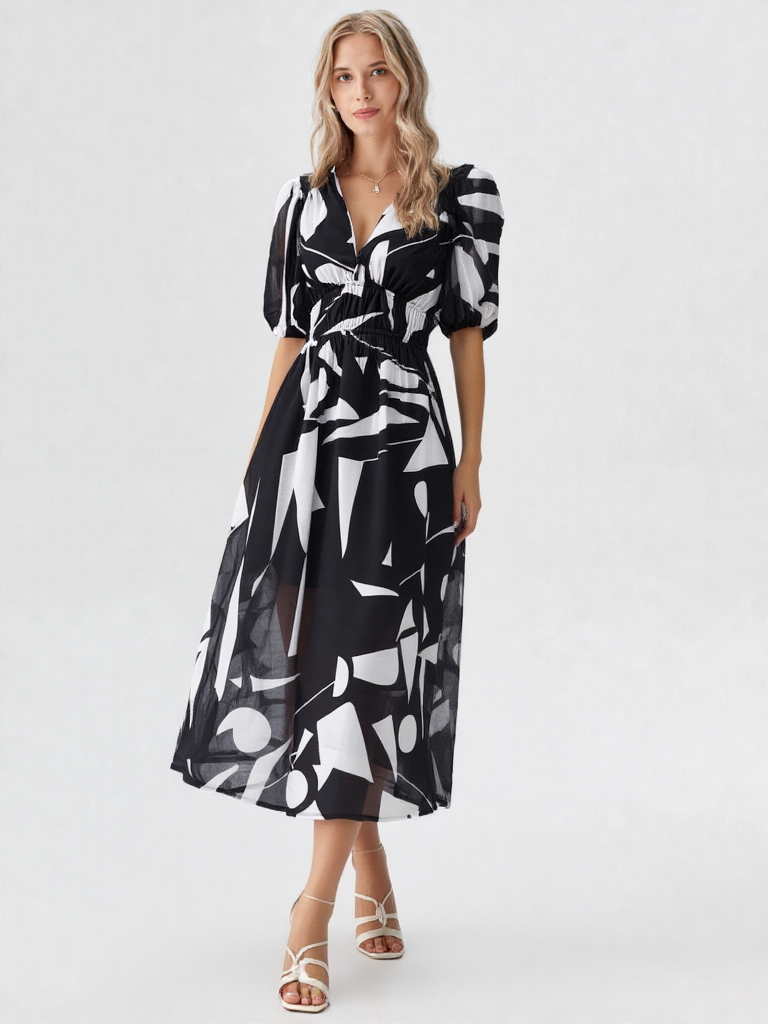 Léonie | Damen Hochbund Puffärmel V-Ausschnitt A-Linie Midi Kleid