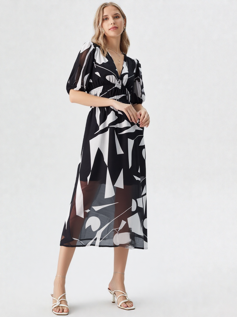 Léonie | Damen Hochbund Puffärmel V-Ausschnitt A-Linie Midi Kleid