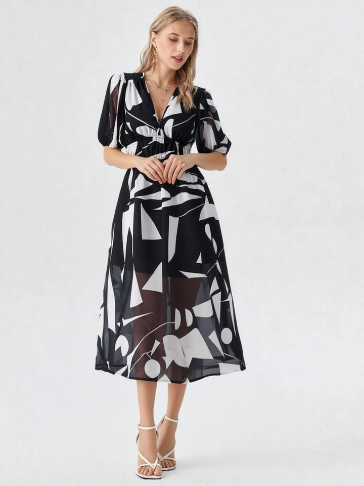 Léonie | Damen Hochbund Puffärmel V-Ausschnitt A-Linie Midi Kleid