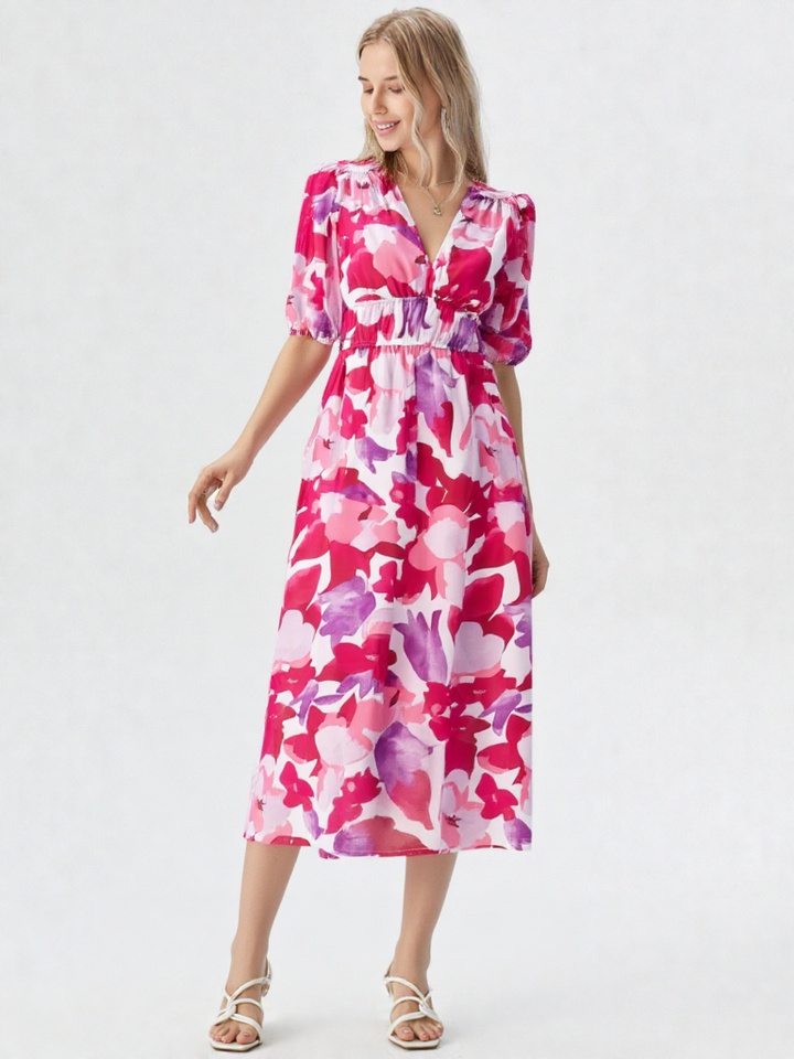Léonie | Damen Hochbund Puffärmel V-Ausschnitt A-Linie Midi Kleid