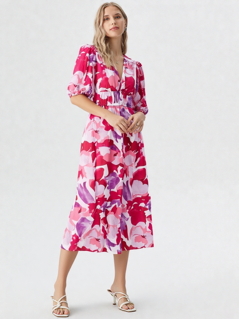 Léonie | Damen Hochbund Puffärmel V-Ausschnitt A-Linie Midi Kleid