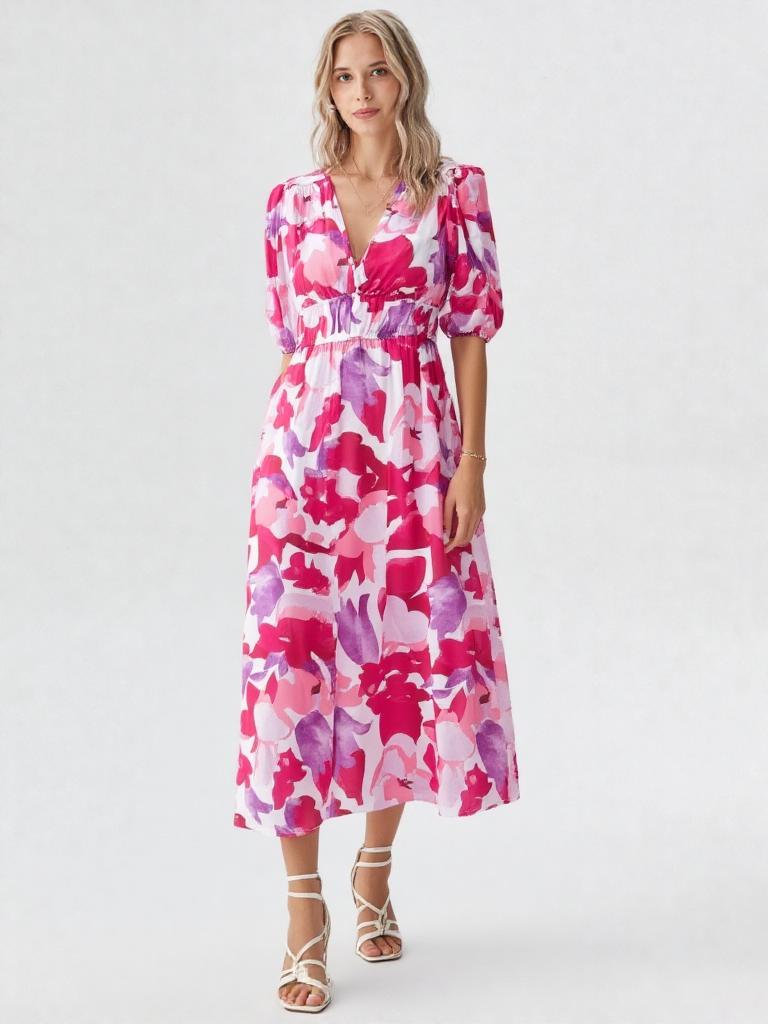 Léonie | Damen Hochbund Puffärmel V-Ausschnitt A-Linie Midi Kleid