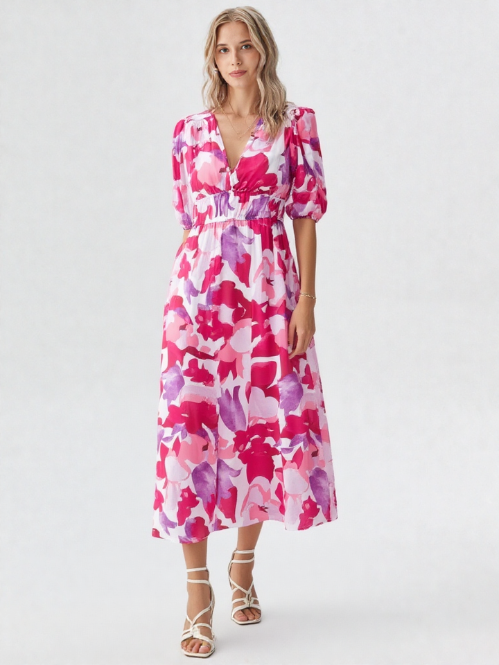 Léonie | Damen Hochbund Puffärmel V-Ausschnitt A-Linie Midi Kleid