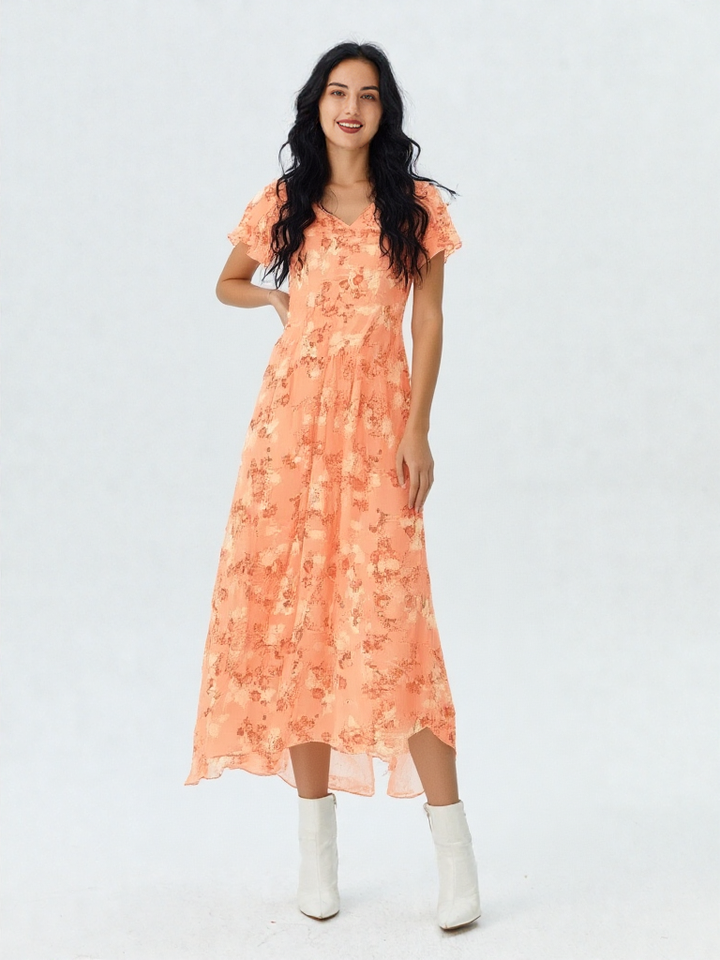 Rosalinde | Damen Rüschen V-Ausschnitt A-Linie Maxi Kleid