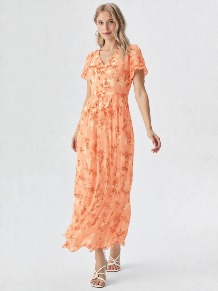 Rosalinde | Damen Rüschen V-Ausschnitt A-Linie Maxi Kleid