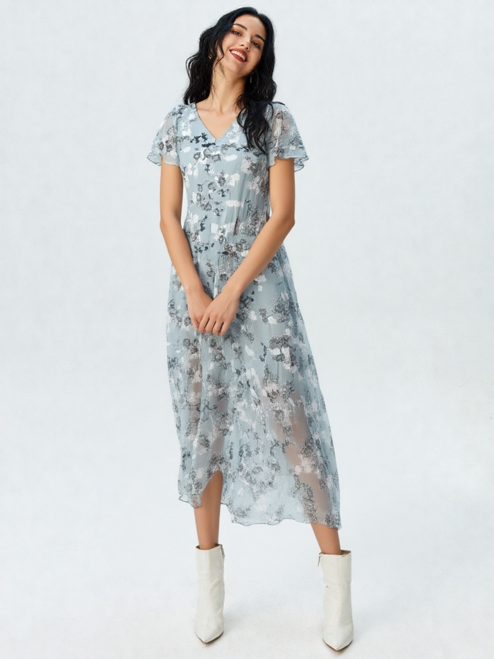 Rosalinde | Damen Rüschen V-Ausschnitt A-Linie Maxi Kleid
