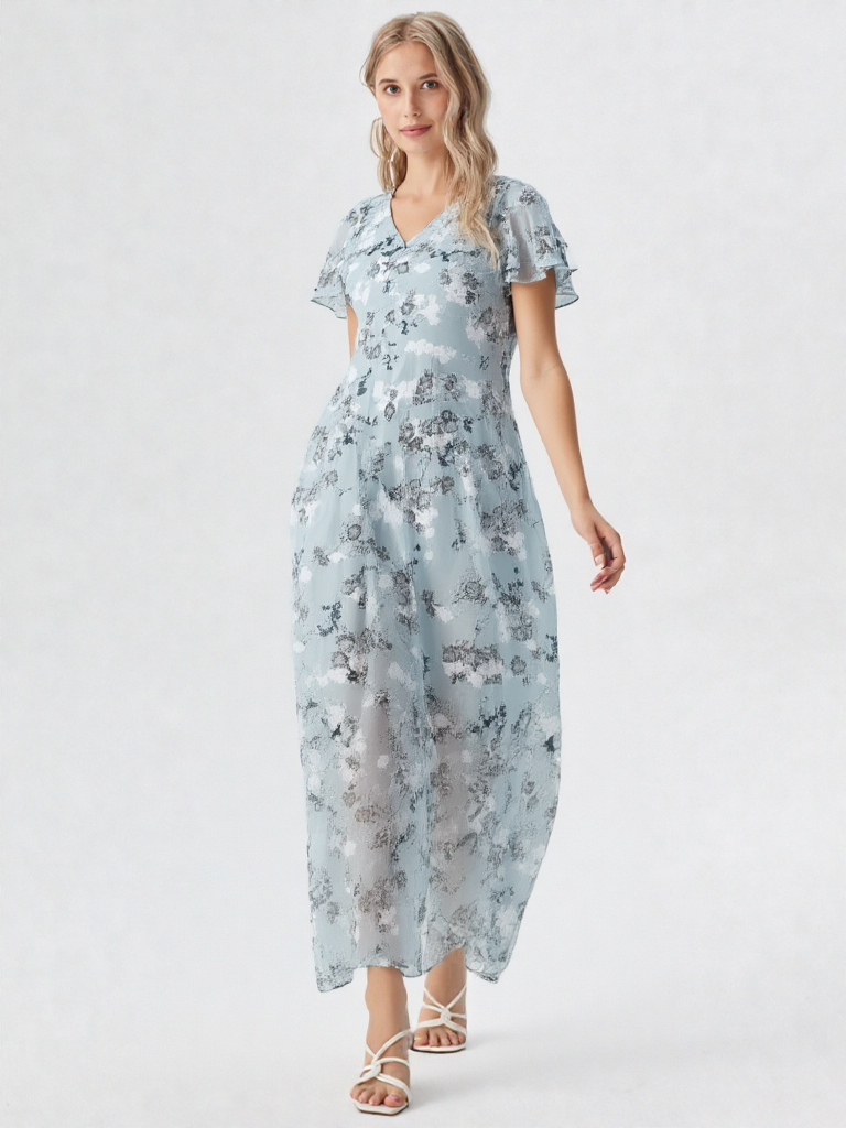Rosalinde | Damen Rüschen V-Ausschnitt A-Linie Maxi Kleid