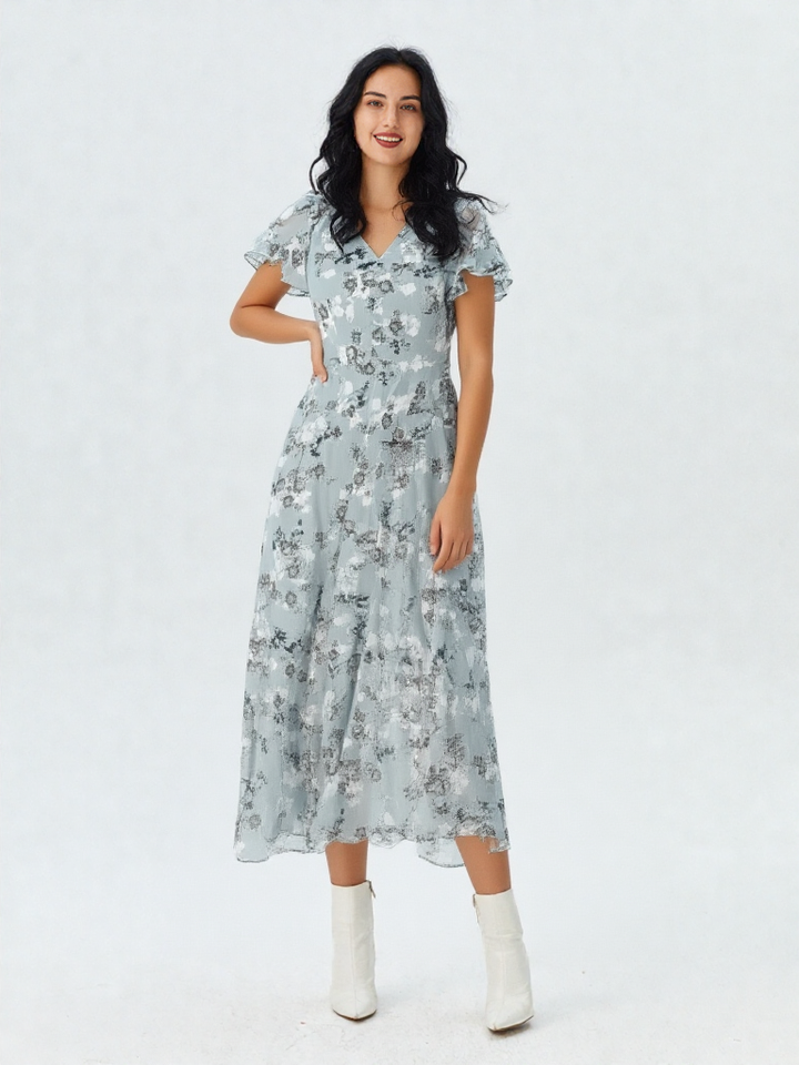 Rosalinde | Damen Rüschen V-Ausschnitt A-Linie Maxi Kleid