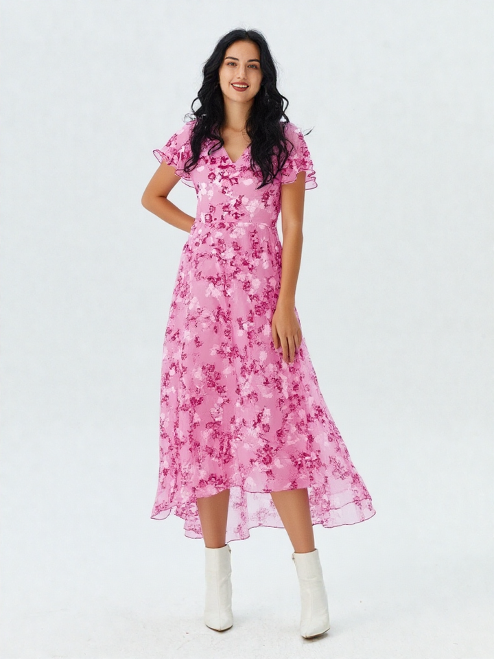 Rosalinde | Damen Rüschen V-Ausschnitt A-Linie Maxi Kleid