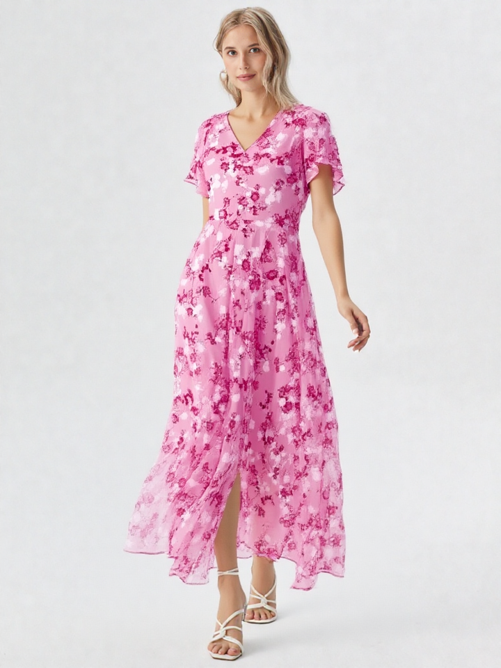 Rosalinde | Damen Rüschen V-Ausschnitt A-Linie Maxi Kleid