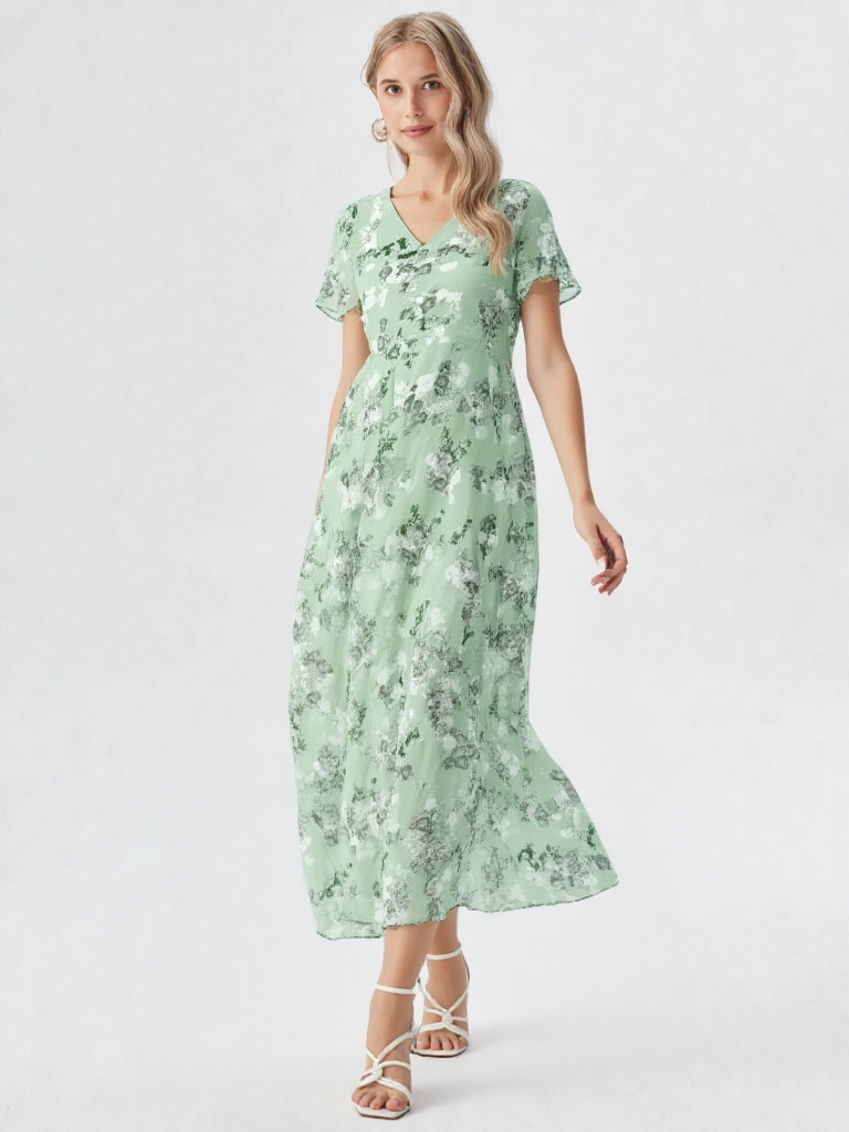 Rosalinde | Damen Rüschen V-Ausschnitt A-Linie Maxi Kleid