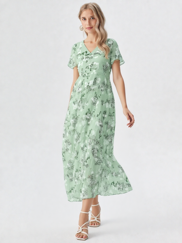 Rosalinde | Damen Rüschen V-Ausschnitt A-Linie Maxi Kleid
