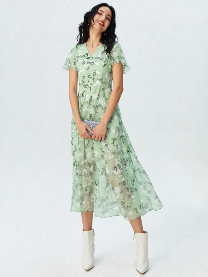 Rosalinde | Damen Rüschen V-Ausschnitt A-Linie Maxi Kleid