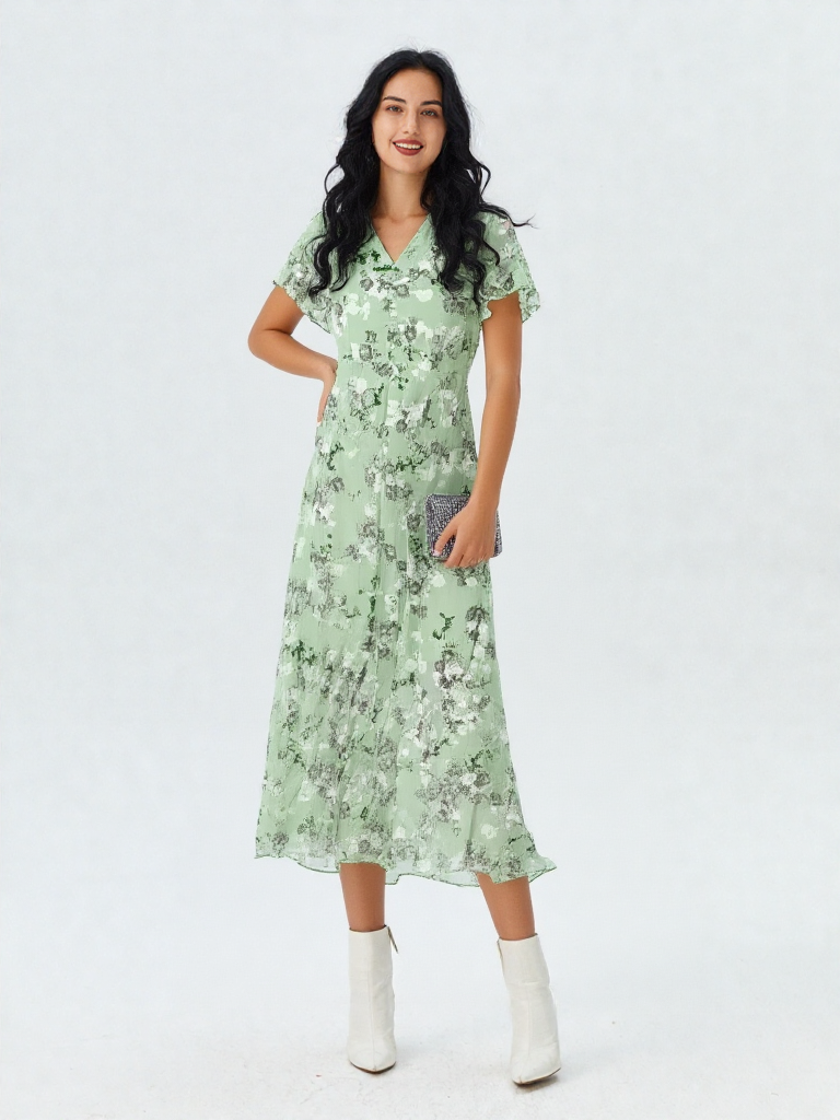 Rosalinde | Damen Rüschen V-Ausschnitt A-Linie Maxi Kleid