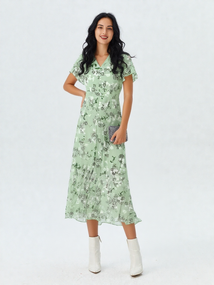 Rosalinde | Damen Rüschen V-Ausschnitt A-Linie Maxi Kleid