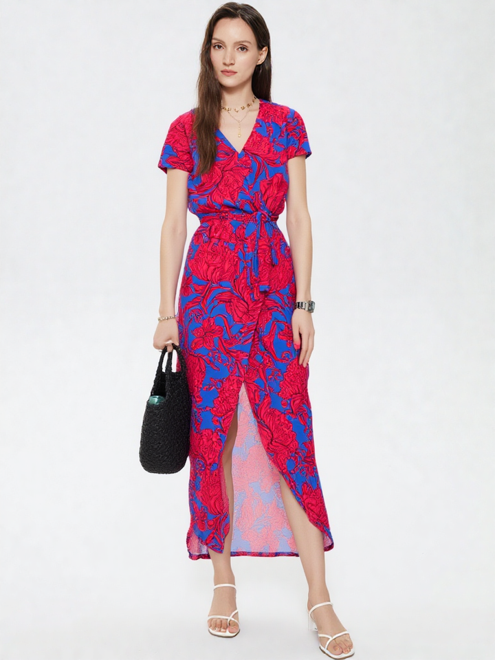 Valentina | Damen Wickel V-Ausschnitt Kurzarm Maxi Kleid