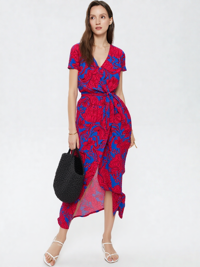 Valentina | Damen Wickel V-Ausschnitt Kurzarm Maxi Kleid