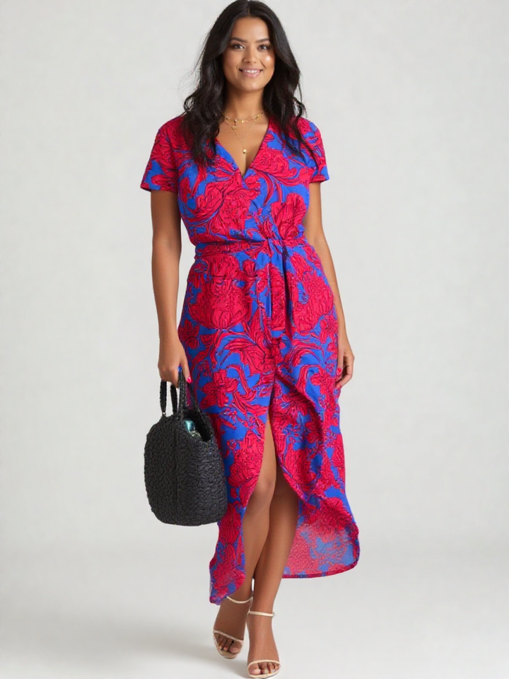 Valentina | Damen Wickel V-Ausschnitt Kurzarm Maxi Kleid
