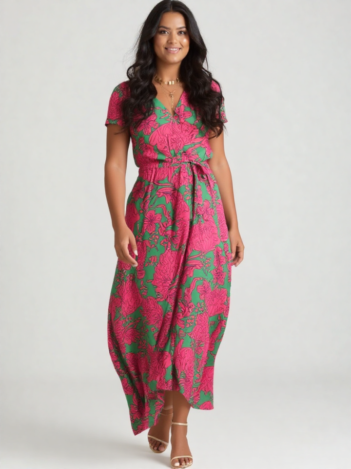 Valentina | Damen Wickel V-Ausschnitt Kurzarm Maxi Kleid