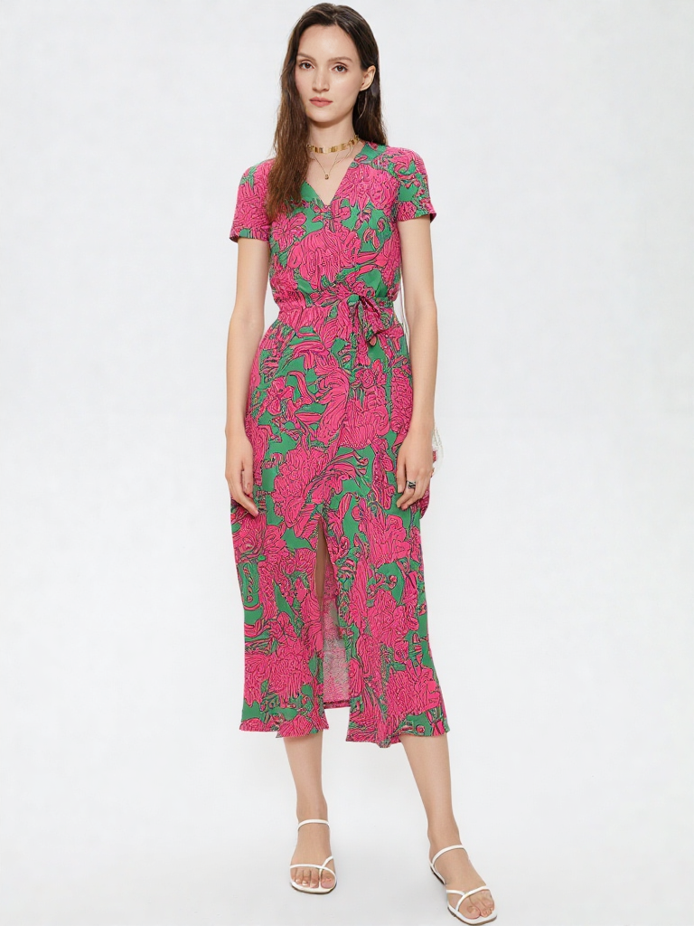 Valentina | Damen Wickel V-Ausschnitt Kurzarm Maxi Kleid