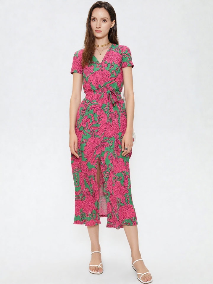 Valentina | Damen Wickel V-Ausschnitt Kurzarm Maxi Kleid