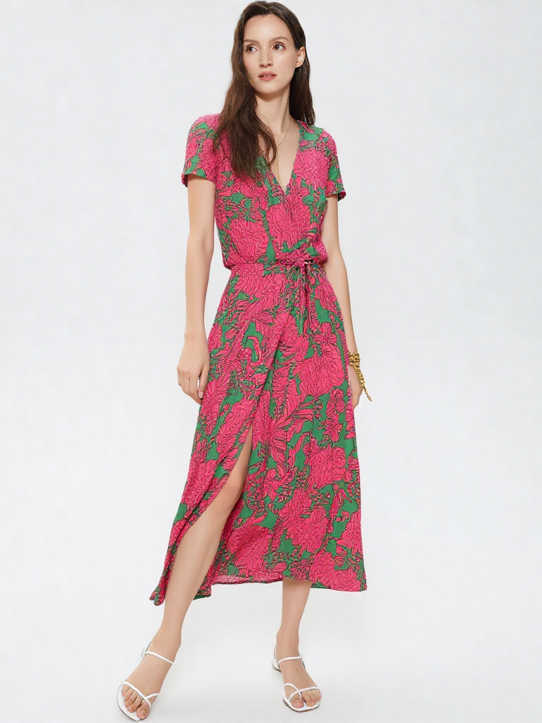 Valentina | Damen Wickel V-Ausschnitt Kurzarm Maxi Kleid