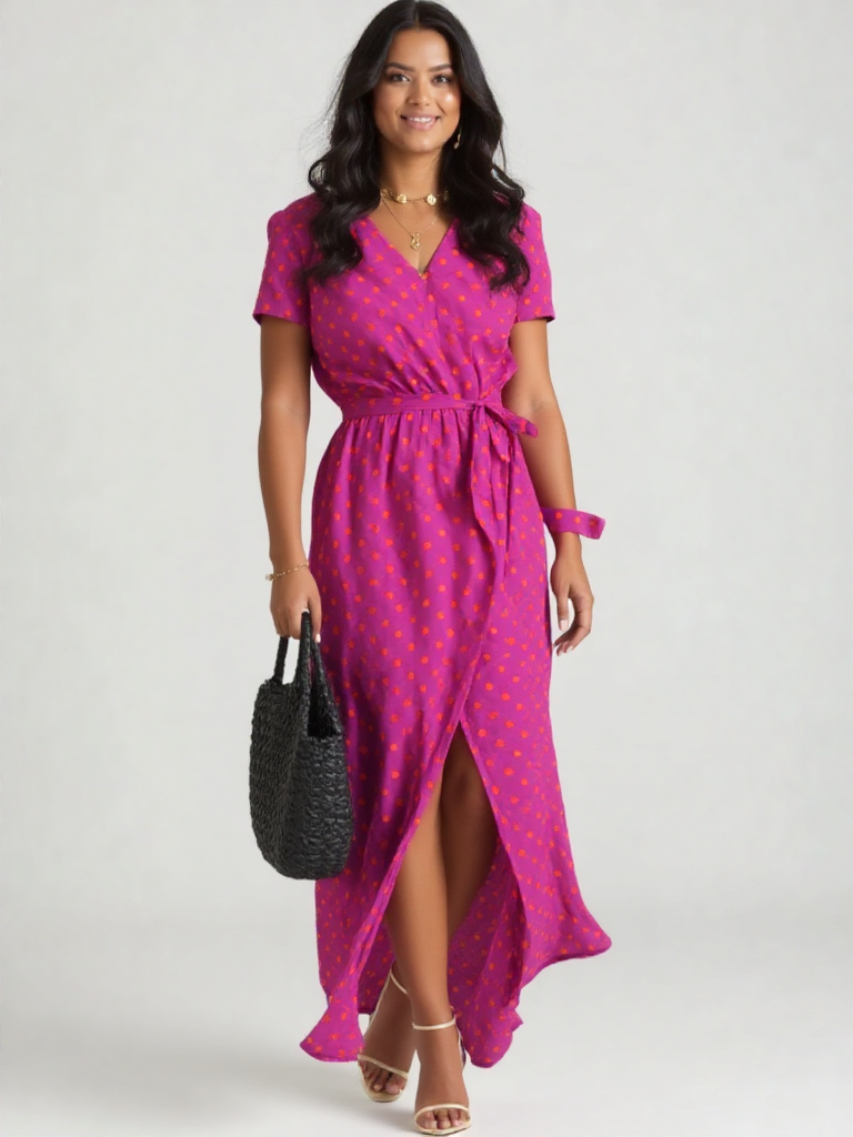 Valentina | Damen Wickel V-Ausschnitt Kurzarm Maxi Kleid