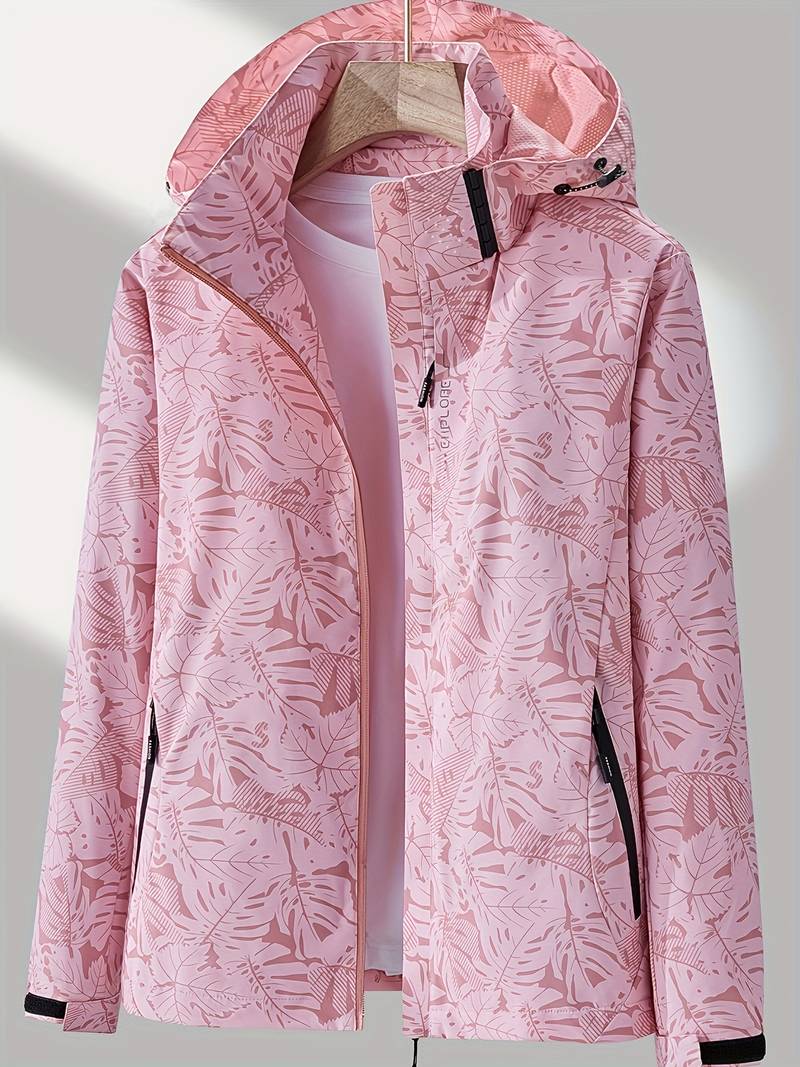 Amara Regenjacke mit Kapuze in Hellrosa mit Blätterprint, Vorderansicht