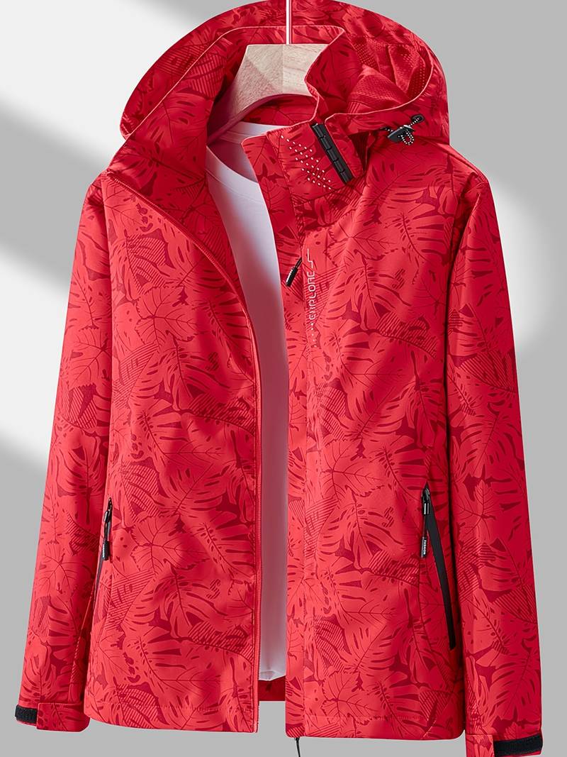 Amara Regenjacke mit Kapuze in Rot mit Blätterprint, Vorderansicht