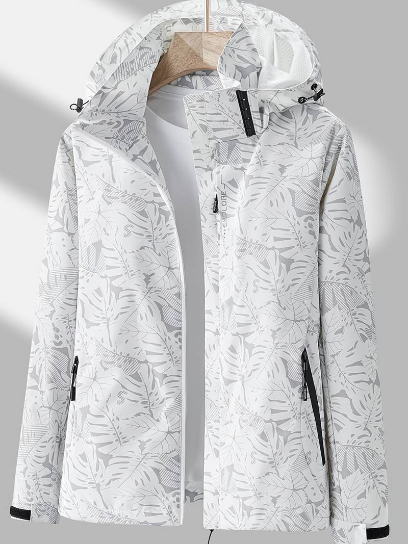 Amara Regenjacke mit Kapuze in Weiss mit Blätterprint, Vorderansicht