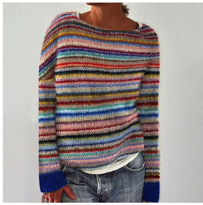 Anouk gestreifter Rundhals Langarm Pullover, Vorderansicht