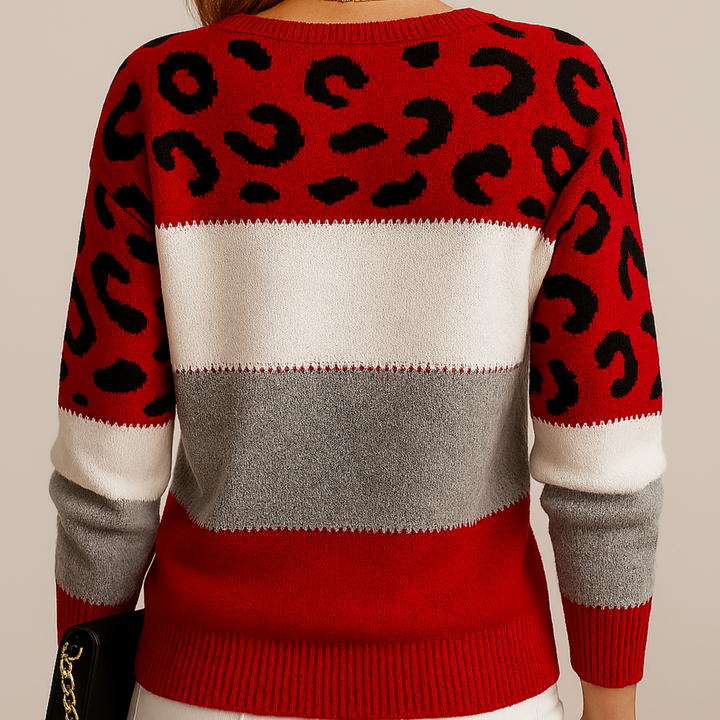 Delphine Strickpullover Rückenansicht in Rot mit Farbblock-Design