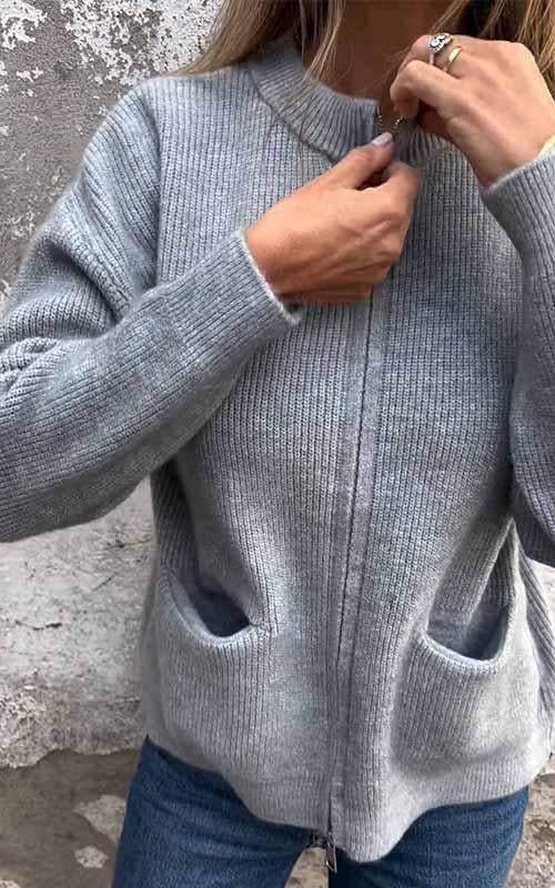 Elina graue Strickjacke, Nahaufnahme des Reissverschlusses und der Textur