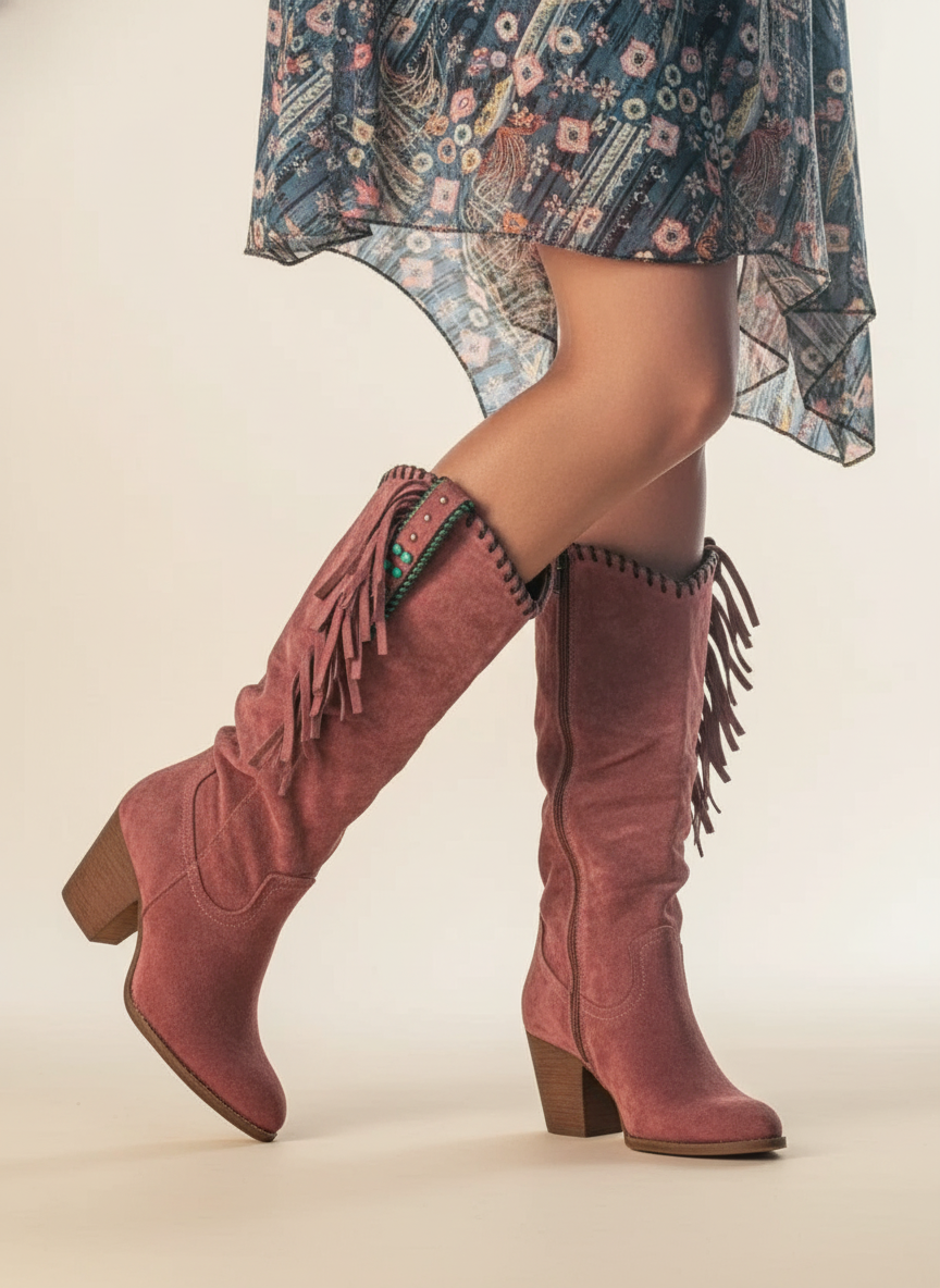 Fenja Fransen Western Kniehohe Stiefel in Altrosa, Seitenansicht