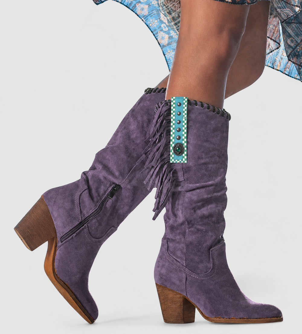 Fenja Fransen Western Kniehohe Stiefel in Violett, Nahaufnahme Schaft