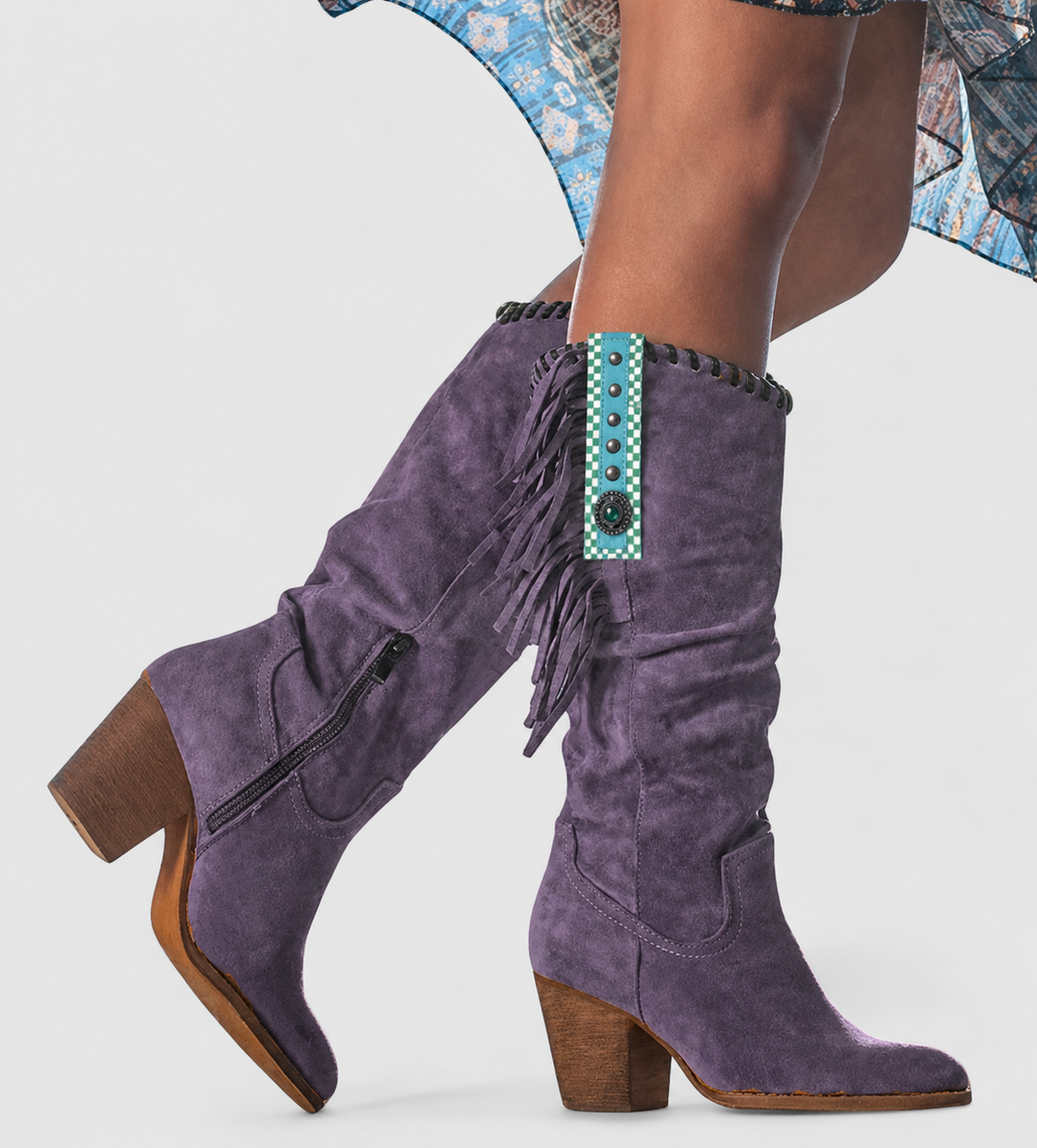 Fenja Fransen Western Kniehohe Stiefel in Violett, Nahaufnahme Schaft