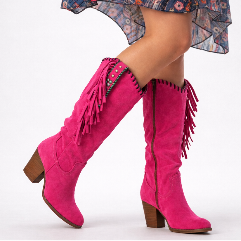 Fenja Fransen Western Kniehohe Stiefel in Pink, Seitenansicht