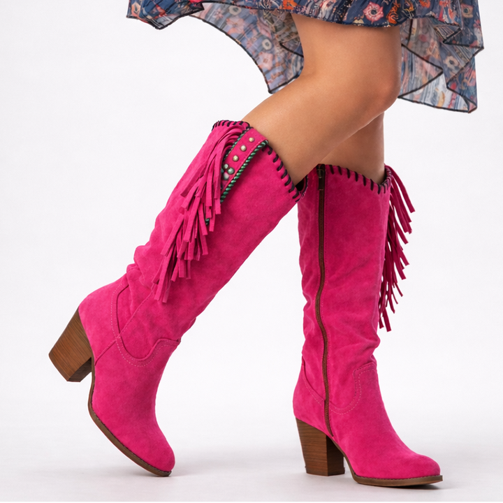 Fenja Fransen Western Kniehohe Stiefel in Pink, Seitenansicht
