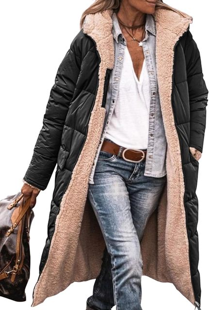Greta schwarze Kapuzen Longline Winterjacke Vorderansicht