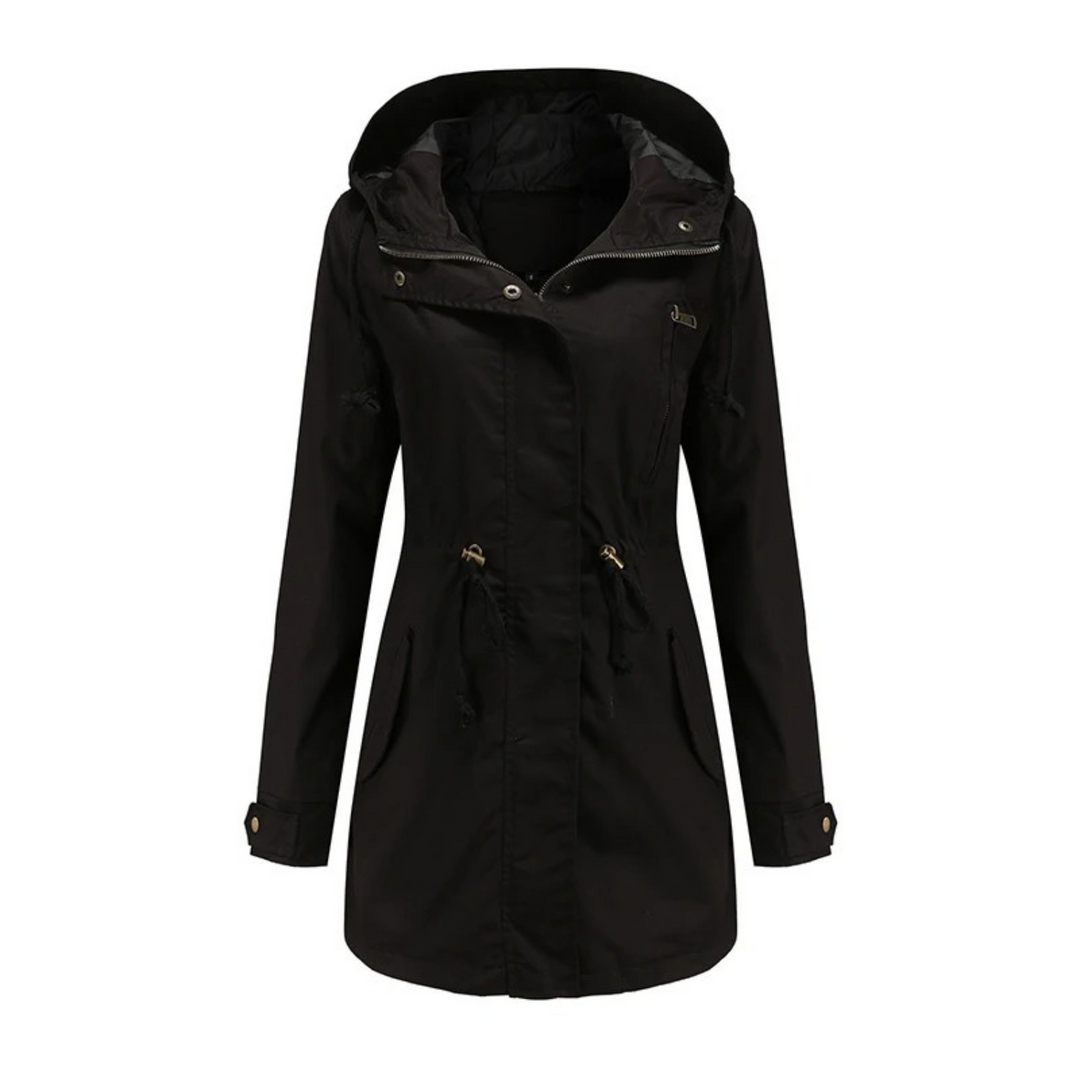 Josefine schwarze Winterjacke mit Kapuze, Vorderansicht