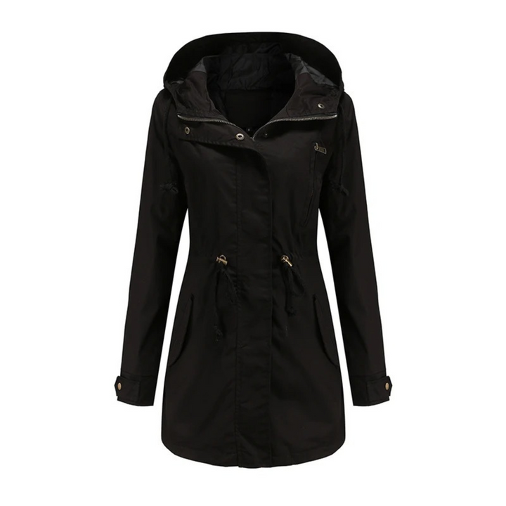 Josefine schwarze Winterjacke mit Kapuze, Vorderansicht