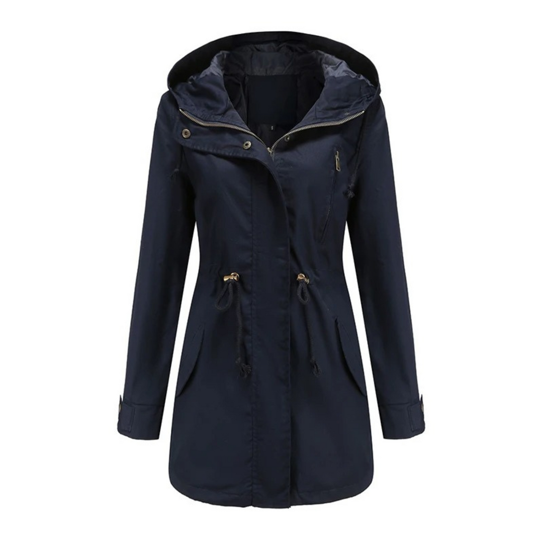 Josefine marineblaue Winterjacke mit Kapuze, Vorderansicht