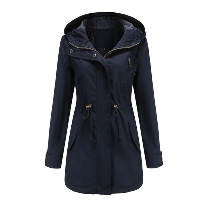 Josefine marineblaue Winterjacke mit Kapuze, Vorderansicht
