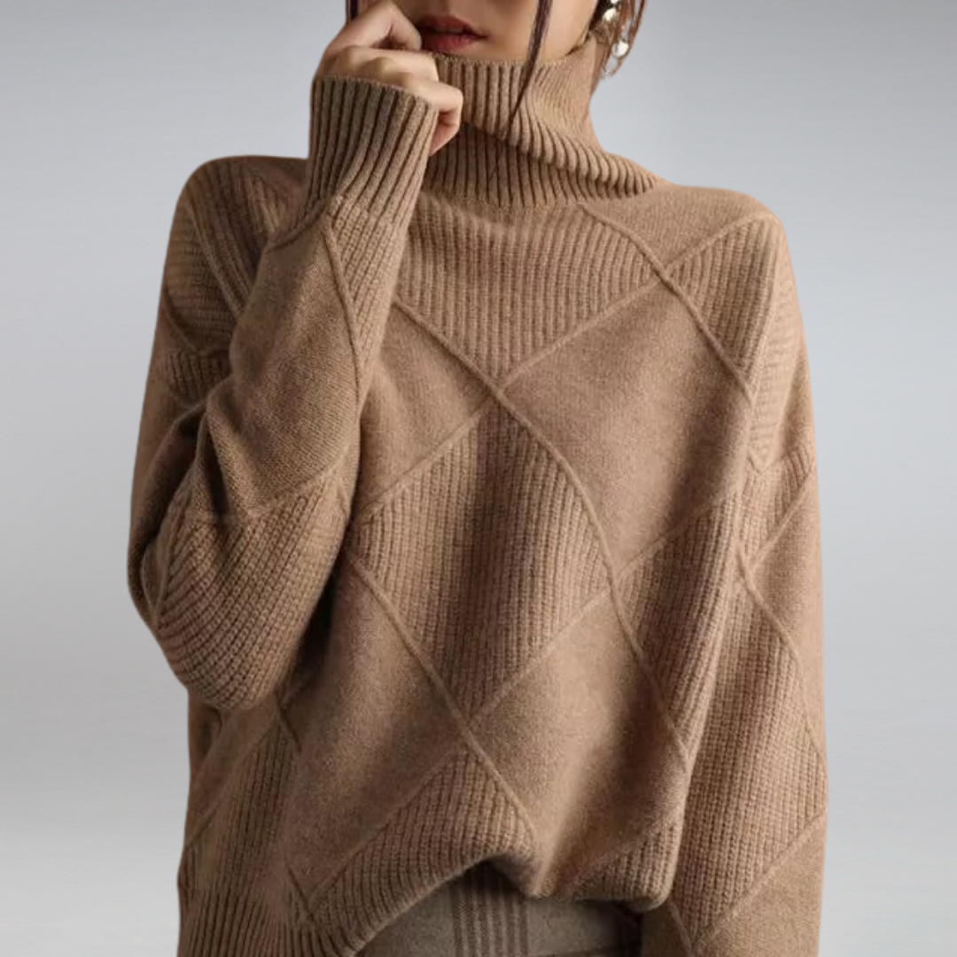 Josephine camelfarbener Rollkragenpullover, Nahaufnahme Vorderansicht